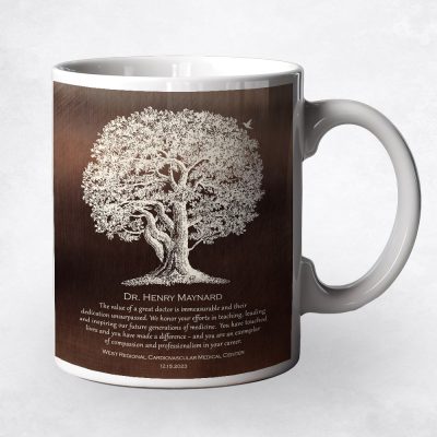 Closeup image of Oak Tree Bronze coffee mug retirement gift