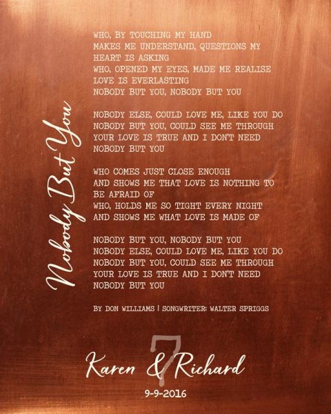 Metal Art Plaque. Wedding Song on Copper 7th Anniversary Gift #1332. Personalized 7th anniversary gift for Richard L.