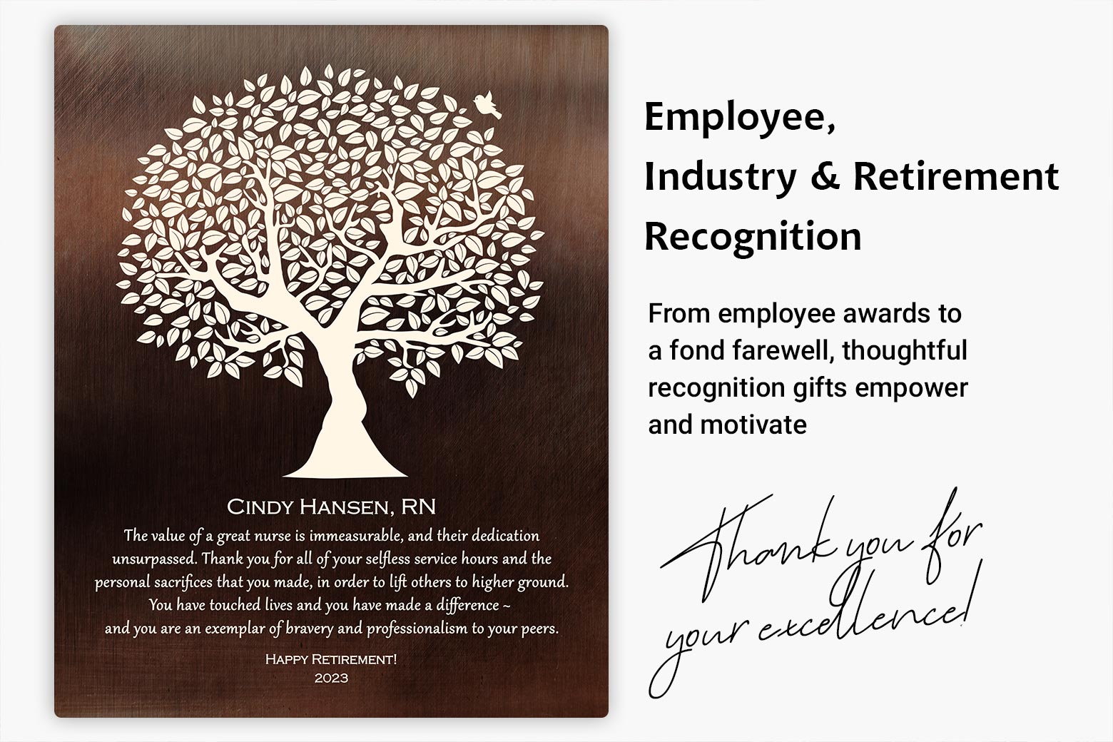 Image of a retirement plaque with a silhouette tree on bronze for nurses to illustrate employee, industry, retirement and recognition plaques.