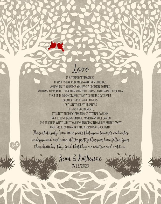 Paper Print. Two Trees Corelli's Mandolin Reading Wedding Gift #1766. Personalized wedding gift for Katherine M.
