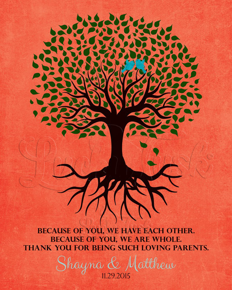 Silhouette Parents Tree with Roots Quote Distressed Orange wedding Wall Plaque LTC-1111