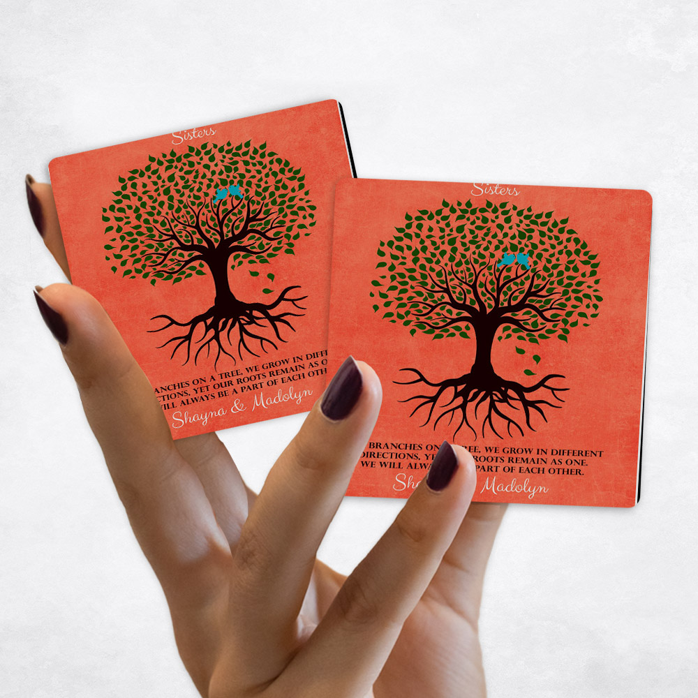 Close up picture of wedding Silhouette Sisters Tree with Roots Distressed Orange Magnet Set MAG-1112