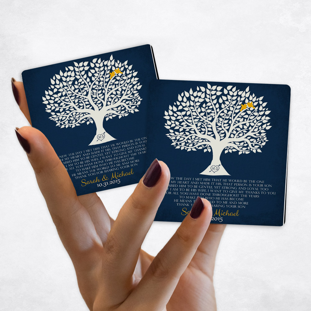 Close up picture of wedding White Silhouette Tree on Navy Blue Distressed Magnet Set MAG-1115