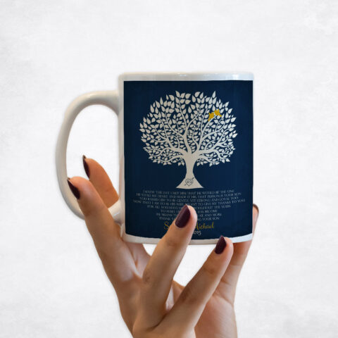 White Silhouette Tree on Navy Blue wedding Coffee Mug M-1115