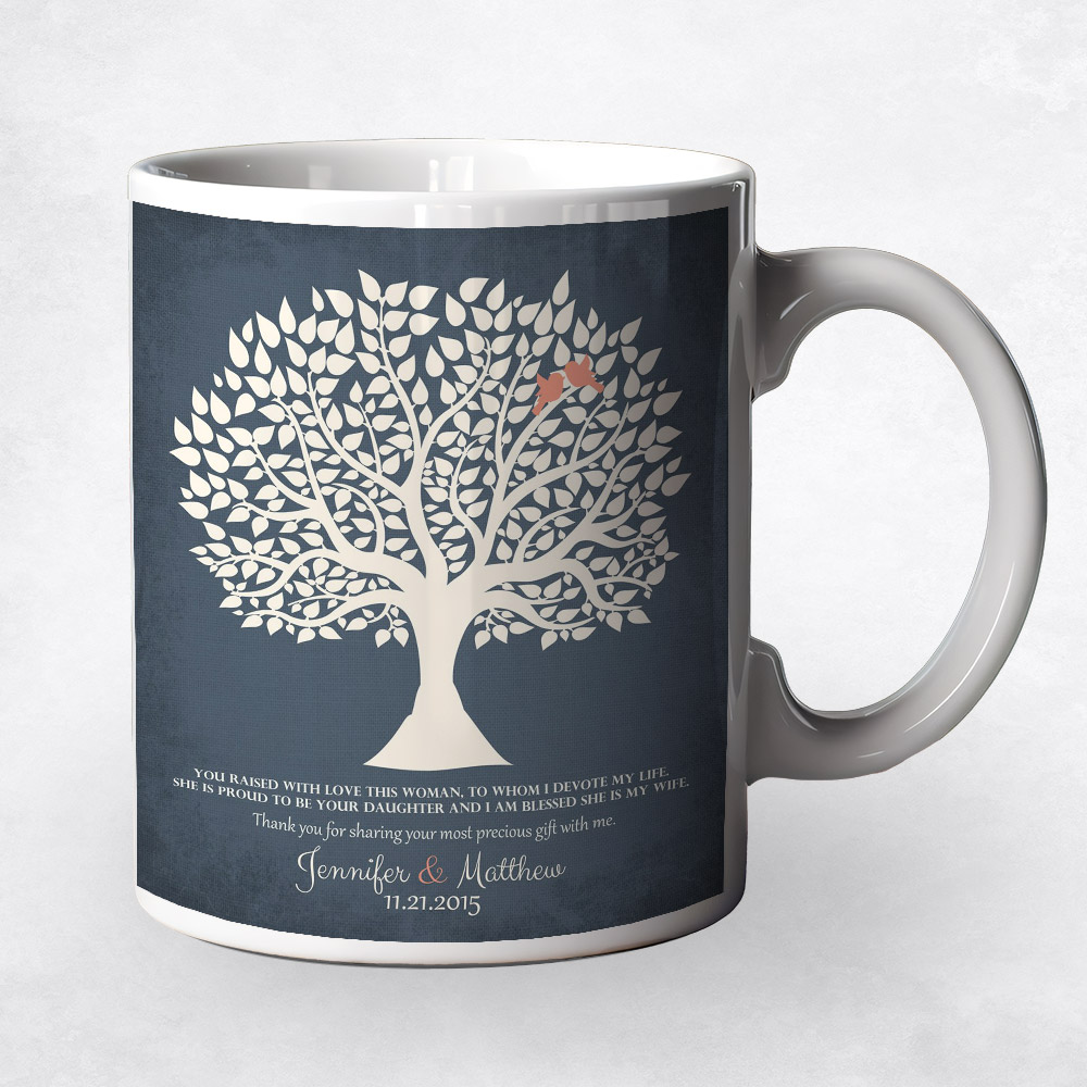 Closeup image of White Tree Silhouette on Blue  wedding Coffee Mug M-1117