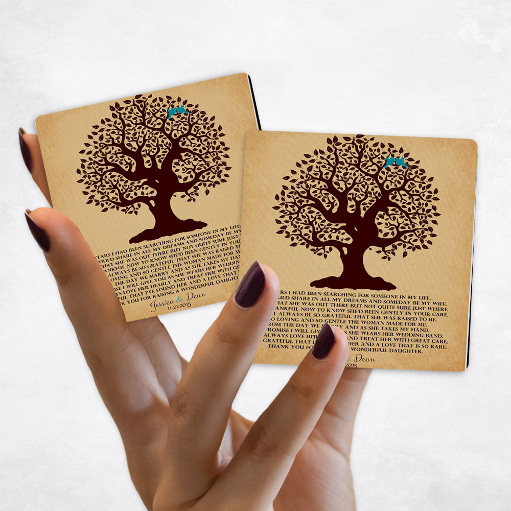 Close up picture of wedding Brown Crooked Tree on Gold Distressed Linen Magnet Set MAG-1127