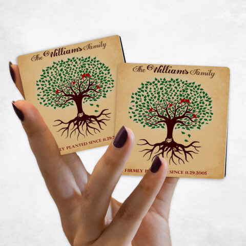 wedding Green Tree with Roots on Gold Distressed Linen Magnet Set MAG-1128