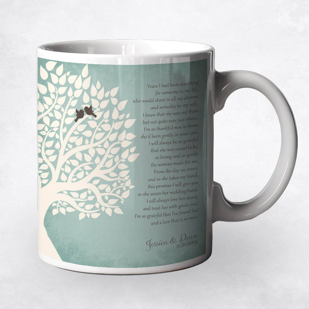 Closeup image of White Silhouette Tree on Turquoise  wedding Coffee Mug M-1130