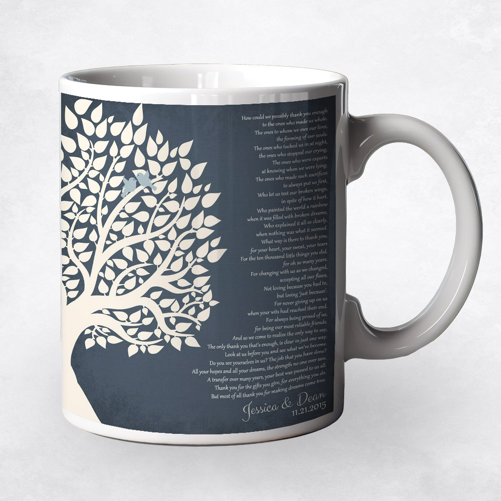 Closeup image of White Silhouette Tree on Blue  wedding Coffee Mug M-1132