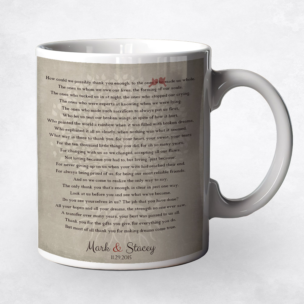 Closeup image of Faded Tree Thank You Poem  wedding Coffee Mug M-1135