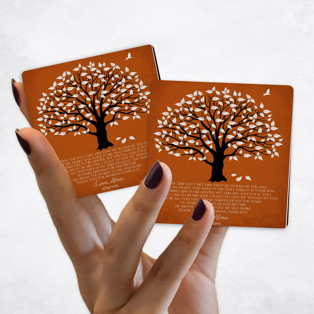 Close up picture of wedding White Magnolia Tree on Orange Distressed Linen Magnet Set MAG-1147