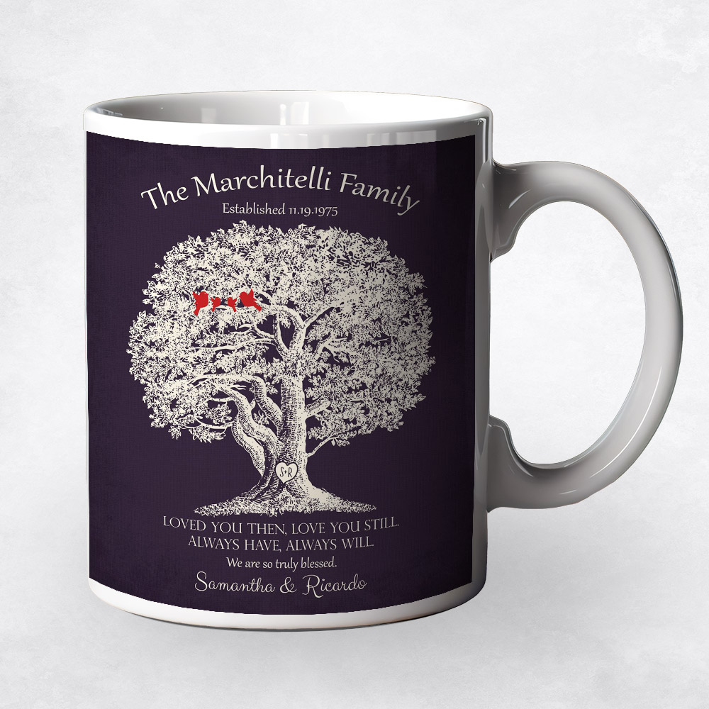 Closeup image of Large Oak Tree with Birds on Purple  10th anniversary Coffee Mug M-1160