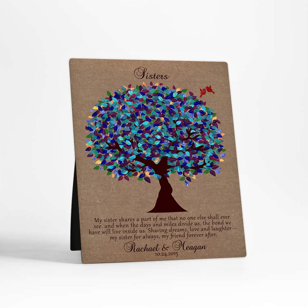 Single image of Peacock Tree wedding Burlap Desktop Plaque