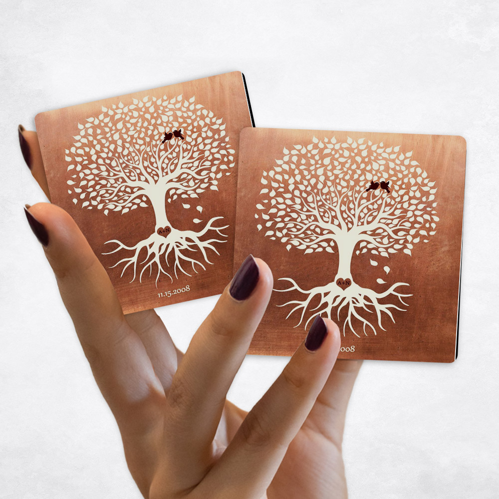 Close up picture of 7th anniversary Minimalist Commemoration Tree Copper Magnet Set MAG-1196