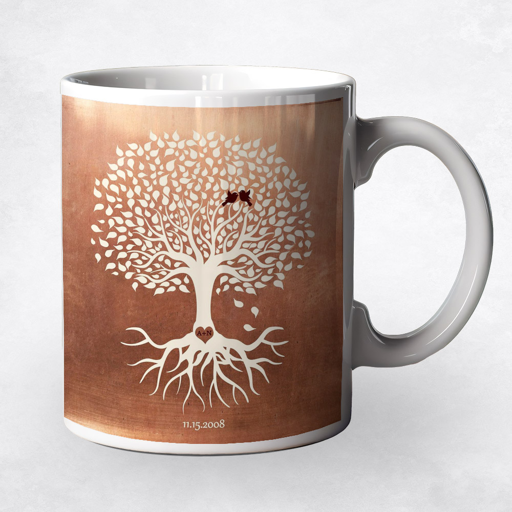 Closeup image of Minimalist Commemoration Tree Copper 7th anniversary Coffee Mug M-1196