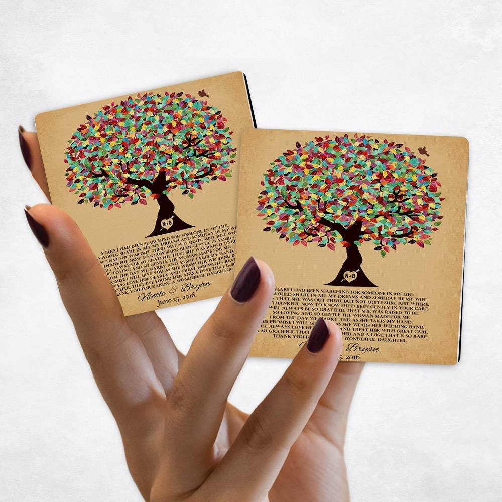 Close up picture of wedding Colorful Tree on Gold Distressed Linen Magnet Set MAG-1204