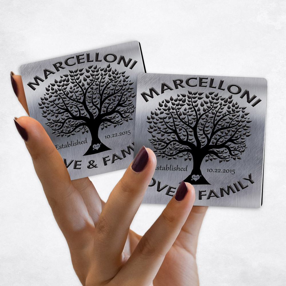 Close up picture of 10th anniversary Love and Family Tree Silhouette on Tin Magnet Set MAG-1213