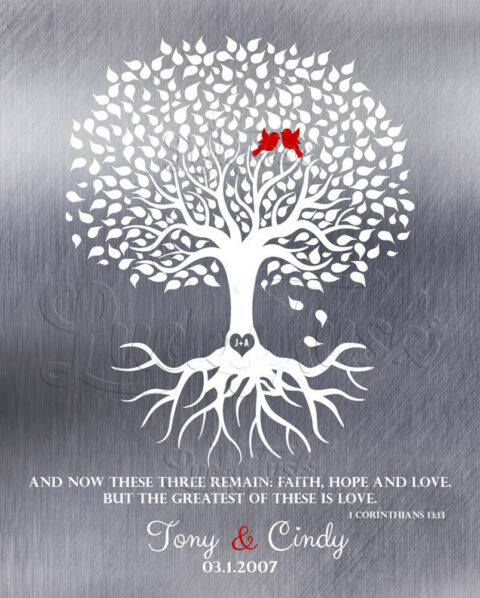 10th Anniversary Minimalist Family Tree of Life With Roots Corinthians 13:13 And Now These Three Remain Faith Hope Love #1216