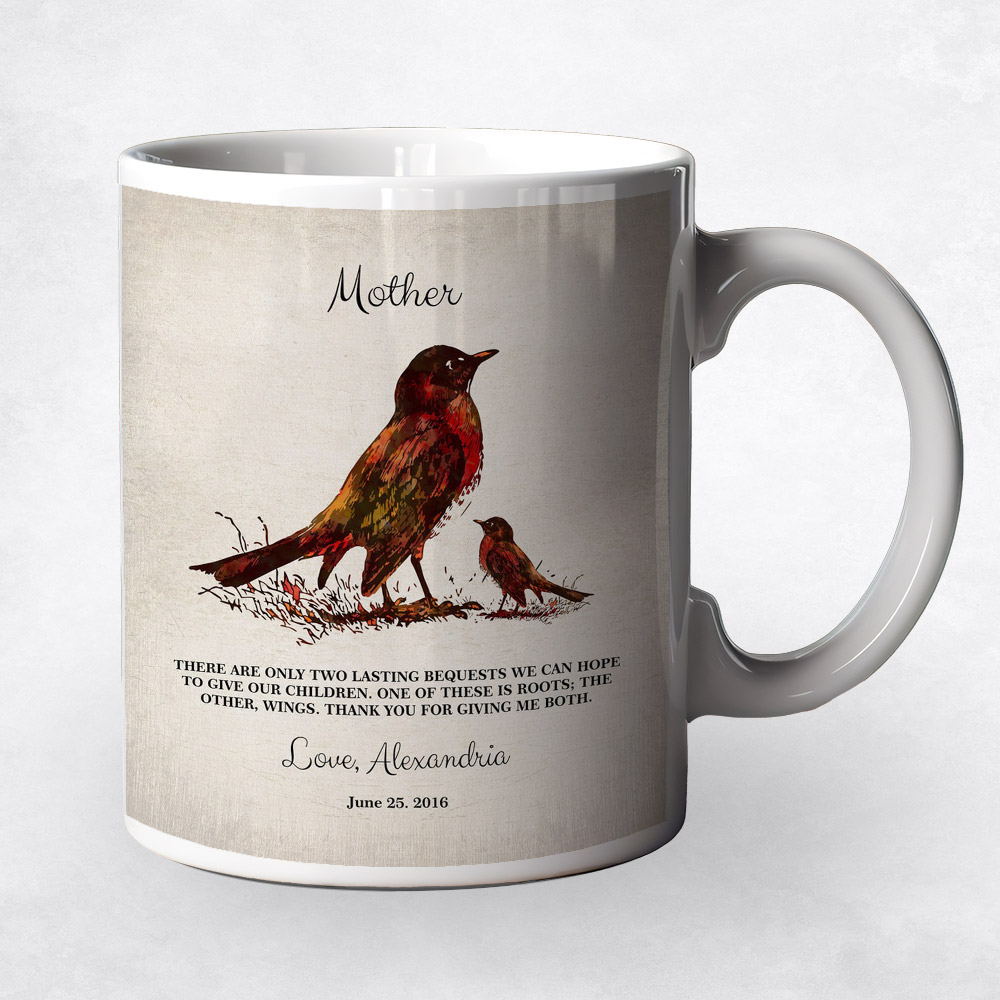 Closeup image of Watercolor Robin Birds  Mother's Day Coffee Mug M-1218