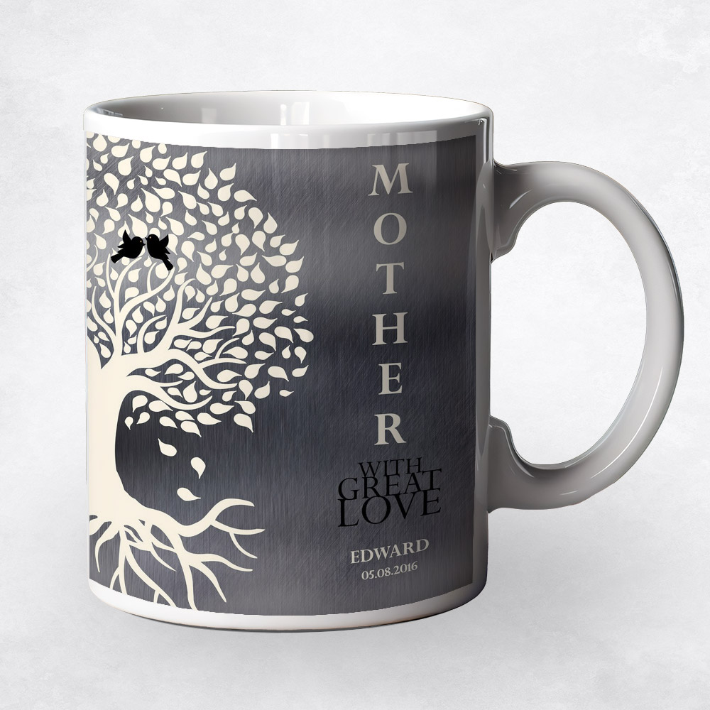 Closeup image of White Tree with Roots Tin Mother's Day Coffee Mug M-1225