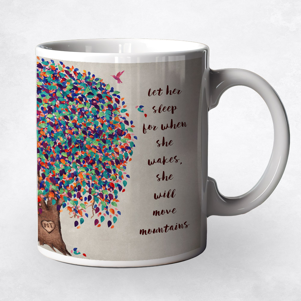 Closeup image of Watercolor Willow Tree Proverb Let Her Sleep  Baby Birth Coffee Mug M-1237