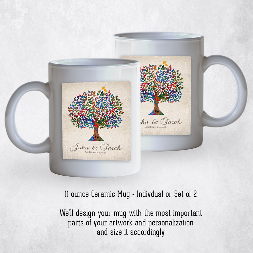 Closeup image of Watercolor Wedding Tree on Vintage  anniversary Coffee Mug M-1254