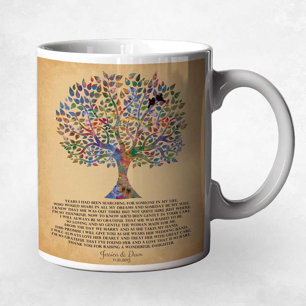 Closeup image of Watercolor Wedding Tree on Gold  wedding Coffee Mug M-1256