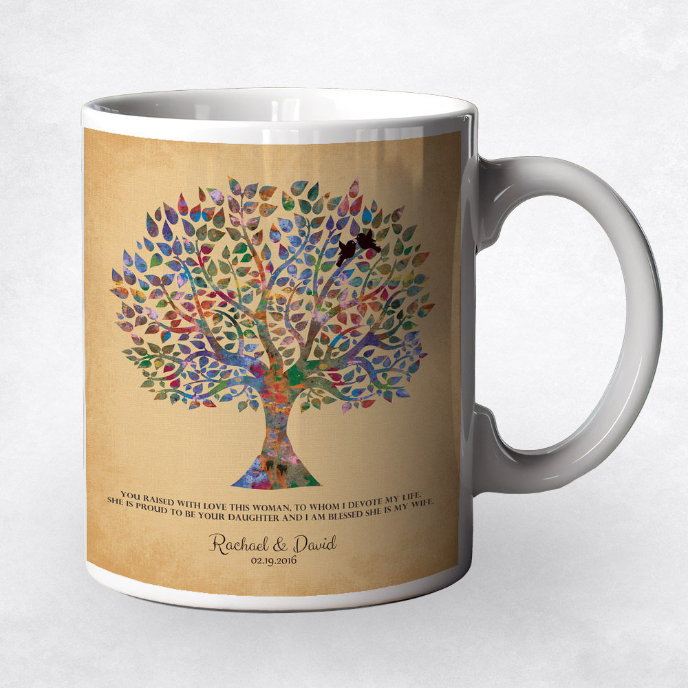 Closeup image of Watercolor Wedding Tree on Gold  wedding Coffee Mug M-1259