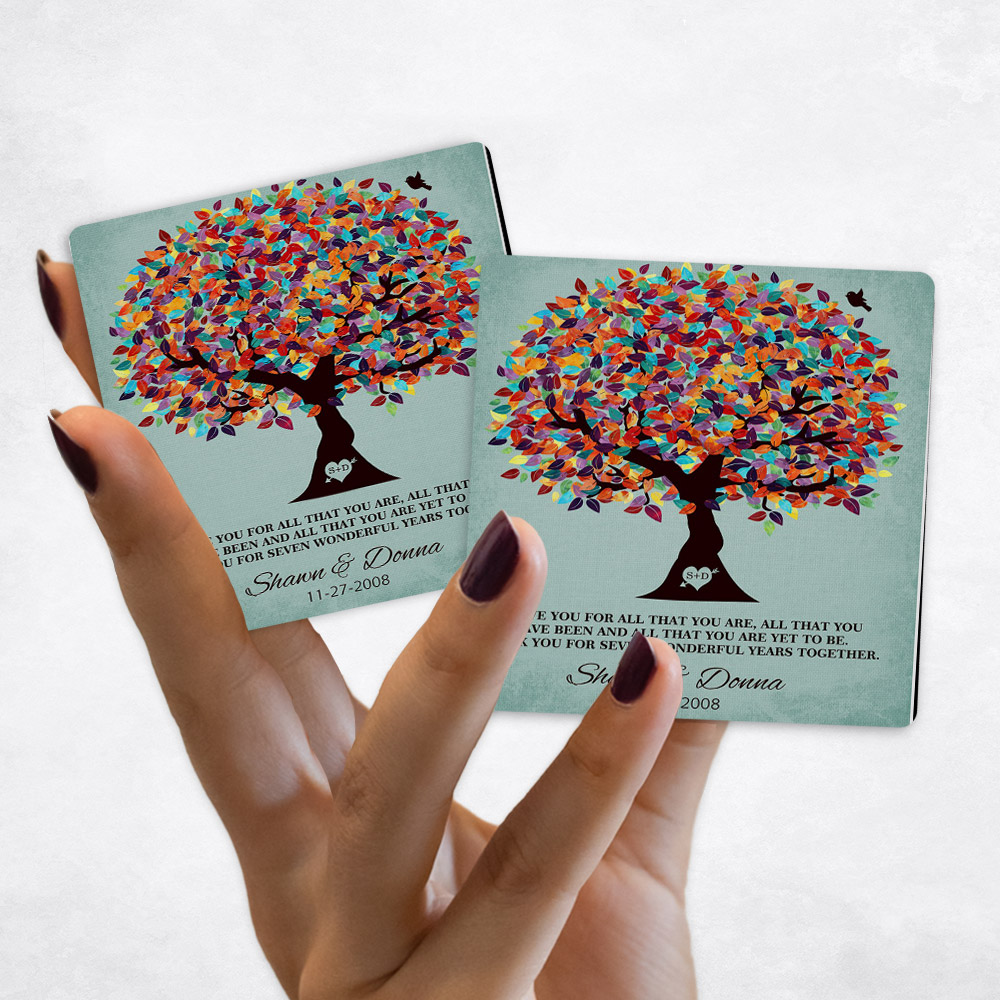 Close up picture of 7th anniversary Colorful Spring Tree Turquoise Canvas Magnet Set MAG-1262