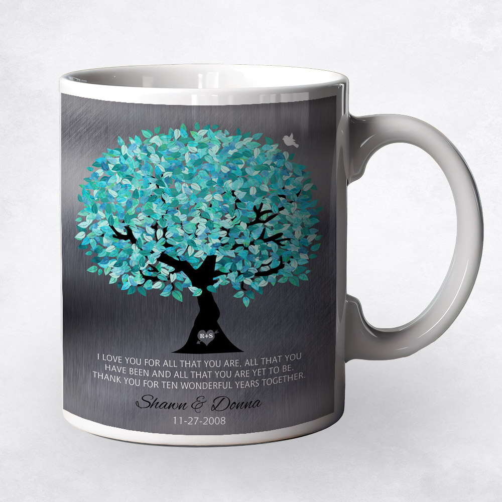 Closeup image of Turquoise Canopy Tree Tin 10th anniversary Coffee Mug M-1265