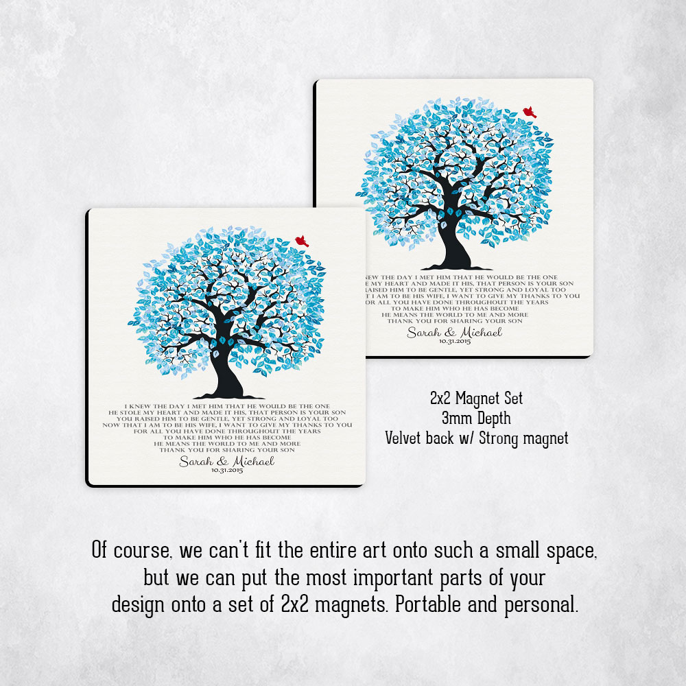 Close up picture of wedding Blue Owl Tree on Cotton Magnet Set MAG-1266