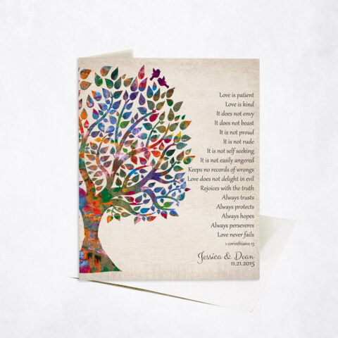 Watercolor Bride and Groom Wedding Tree 1 Corinthians 13 10th anniversary Stationery Card-1274