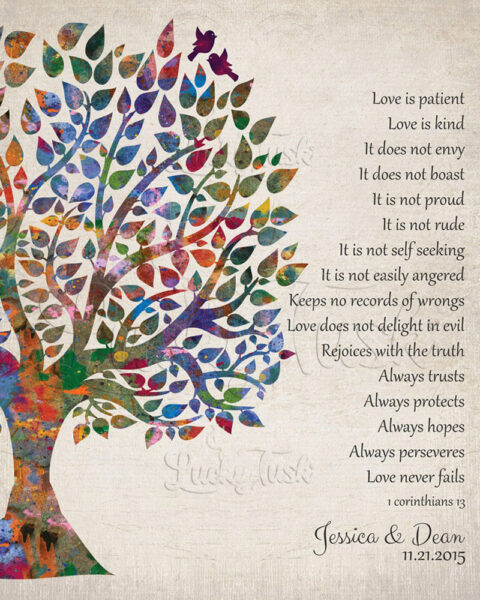 Love Is Patient 1 Corinthians 13 Vintage Watercolor Personalized Tin 10 Year Anniversary Wedding Tree #1274