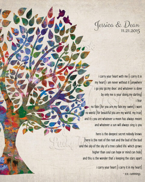 Watercolor Wedding Tree E.E. Cummings Poetry Carry Your Heart Personalized Tin 10 Year Anniversary #1276
