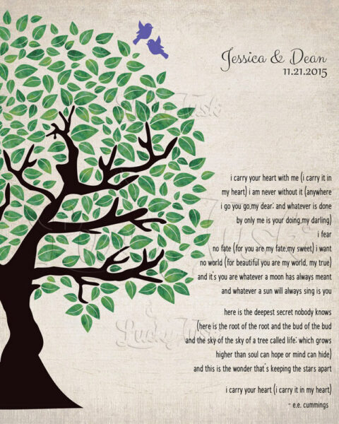 Green Watercolor Wedding Tree E.E. Cummings Poetry Carry Your Heart Personalized Tin 10 Year Anniversary #1277