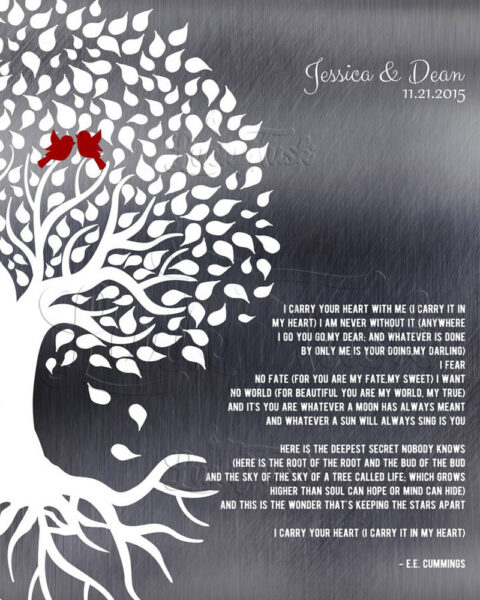 E.E. Cummings Poetry Wedding Tree Roots I Carry Your Heart Shiny Tin Personalized 10 Year Anniversary #1282