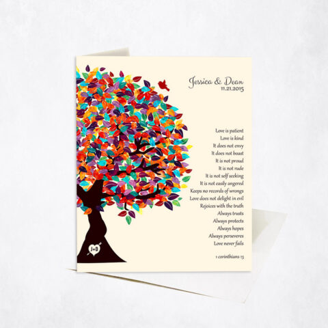 Colorful Spring Tree Heart in Trunk 1 Corinthians 13 10th anniversary Stationery Card-1286