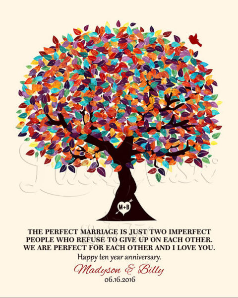 The Perfect Marriage Colorful Spring Wedding Tree Carved Initals Personalized Tin 10 Year Anniversary #1288