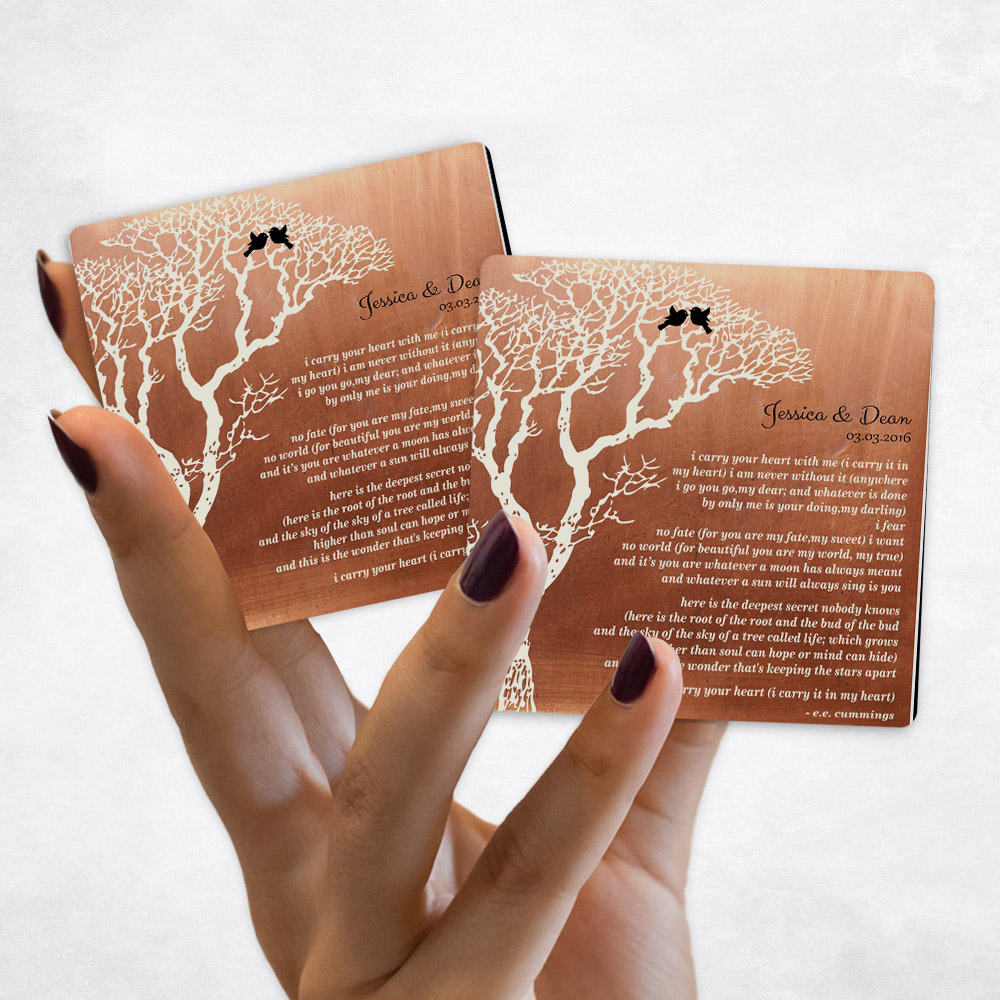 Close up picture of 7th anniversary Bare Winter Tree White on Copper Magnet Set MAG-1300