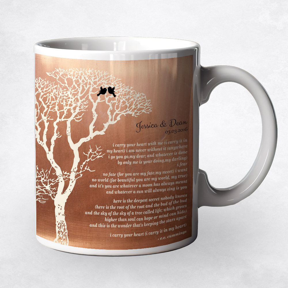 Closeup image of Bare Winter Tree White Copper 7th anniversary Coffee Mug M-1300