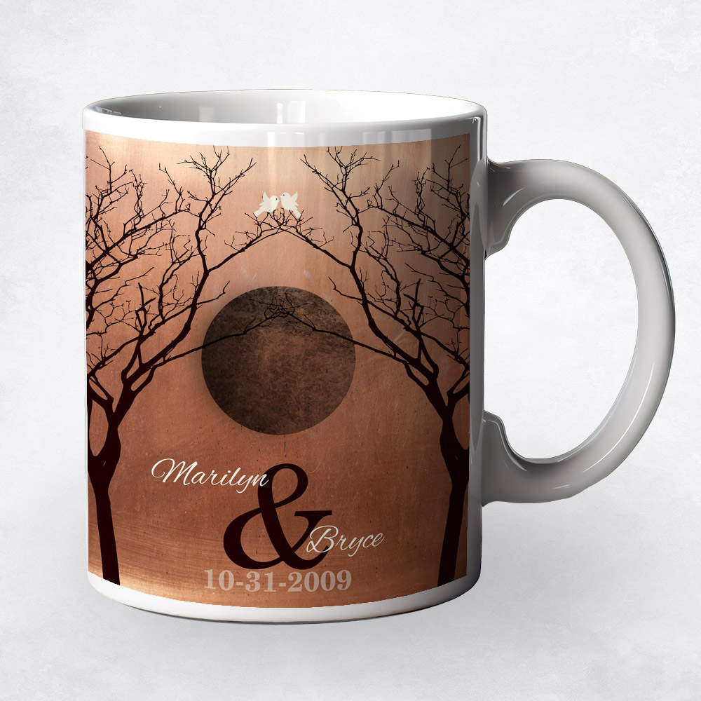 Closeup image of Two Black Trees Full Moon Copper 7th anniversary Coffee Mug M-1307