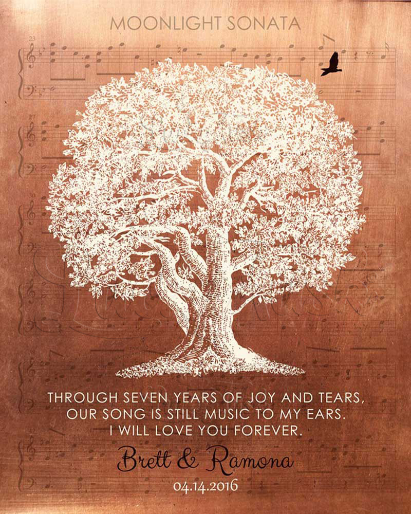 Large White Oak Seven Years Appreciation Our Song Sheet Music on Copper 7th anniversary Wall Plaque LTC-1332