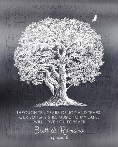 Personalized 10th Ten Year Anniversary Poem Oak Tree on Shiny Tin Background #1337
