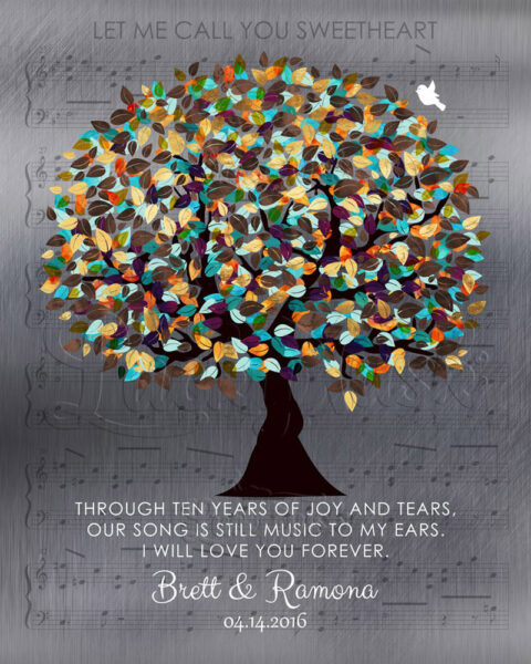 Personalized 10 Year Anniversary Colorful Wedding Tree Sheet Music Song Gift For Couple #1338
