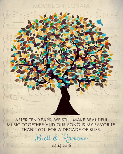 10 Year Wedding Tree Sheet Music Personalized Gift For Wife Husband Couple Anniversary Poem #1339