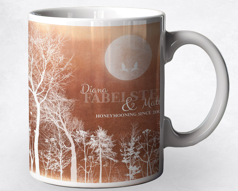 Closeup image of Full Moon White Forest Trees Copper 7th anniversary Coffee Mug M-1349