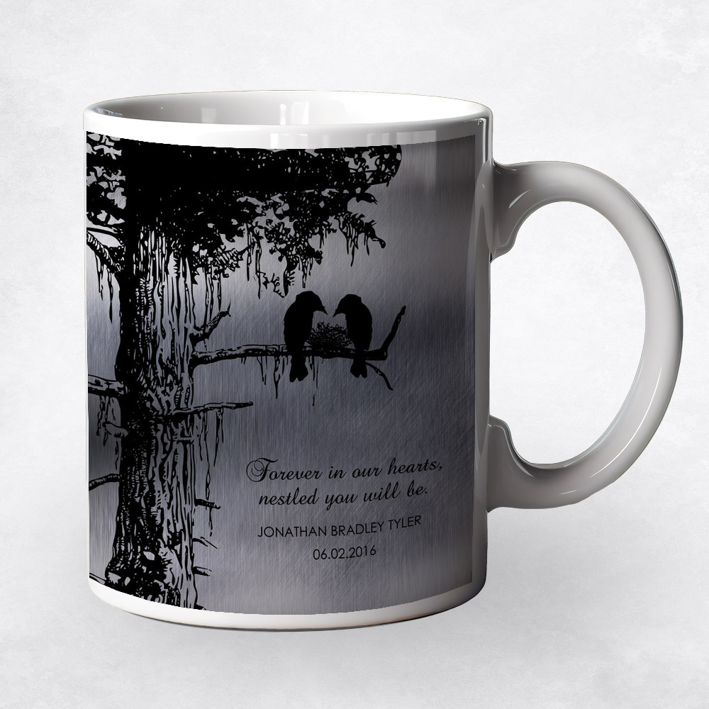 Closeup image of Dark Black Sequoia Memorial Tree and Bird Nest Tin Loss of Baby Coffee Mug M-1355