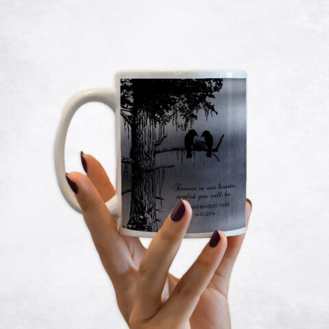 Dark Black Sequoia Memorial Tree and Bird Nest Tin Loss of Baby Coffee Mug M-1355