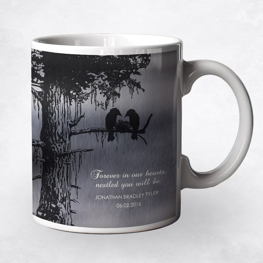 Closeup image of Black Sequoia Memorial Tree and Bird Nest Tin Loss of Baby Coffee Mug M-1356