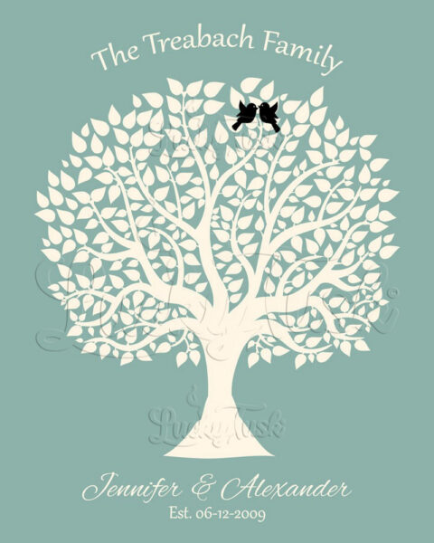 Personalized Couple Gift For Anniversary 1st or 2nd or 10th Green Cream Black Birds Family Tree 1360